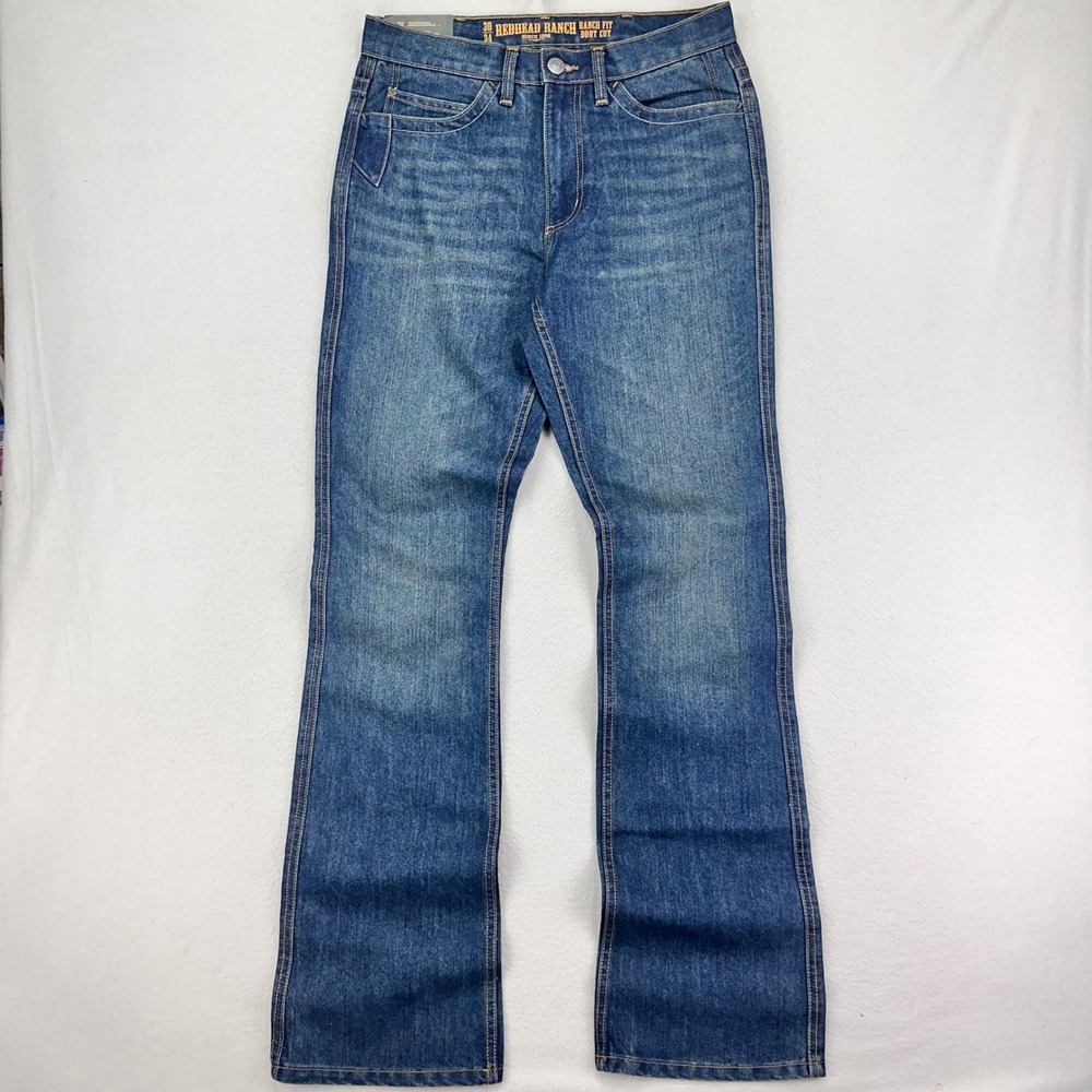 NWT Redhead Ranch Fit Boot Cut Jeans Mens 30/34 Dark Wash Denim Whiskering Rodeo